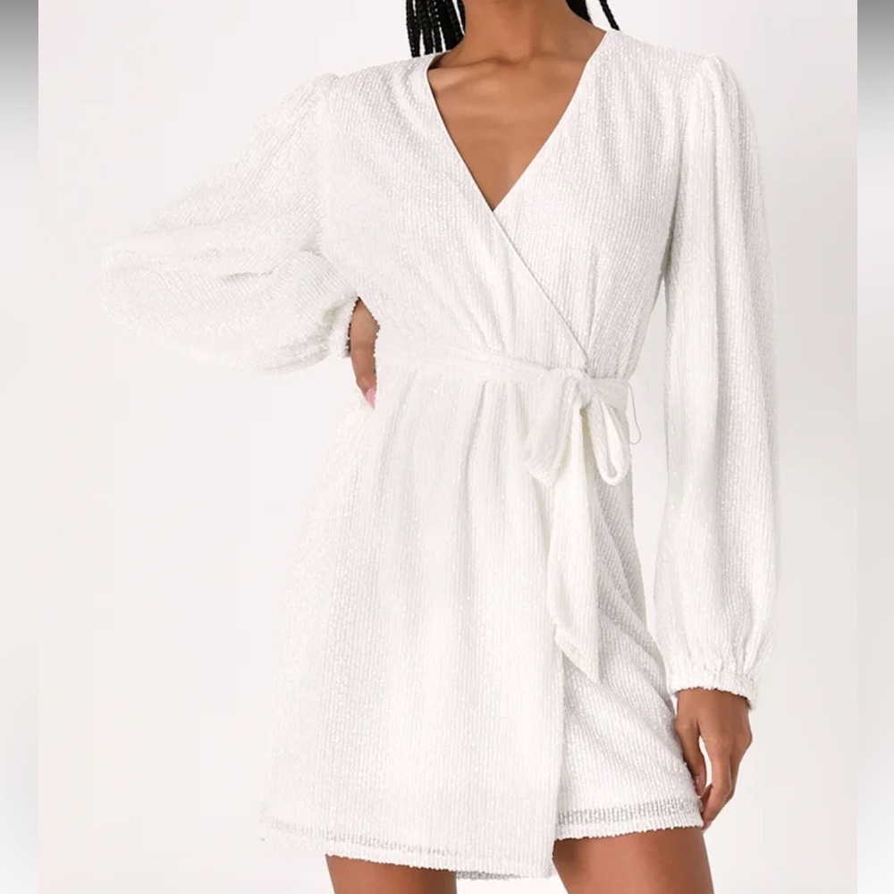 Lulu's White Sequin Long Sleeve Wrap Dress NWT